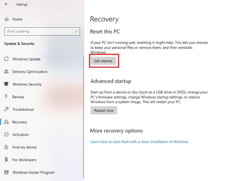 Cliquez sur l'option de récupération et sélectionnez Démarrer pour réinitialiser l'ordinateur portable | Comment trouver le mot de passe administrateur sur Windows 10